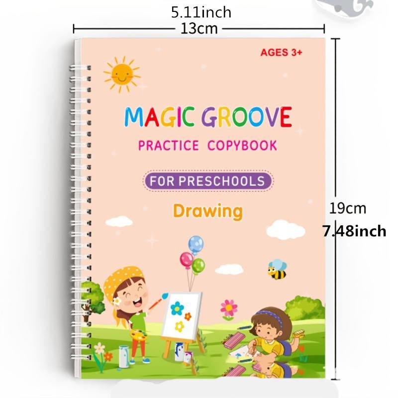 4 Reusable Grooved Handwriting Workbooks, Magic Writing Practice Books, to Help Children Improve Their Handwriting , Age 3-8 Calligraphy for Kids
