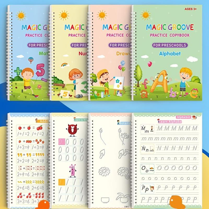 4 Reusable Grooved Handwriting Workbooks, Magic Writing Practice Books, to Help Children Improve Their Handwriting , Age 3-8 ​Calligraphy for Kids